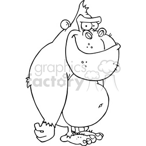 A black and white clipart image of a smiling cartoon gorilla.