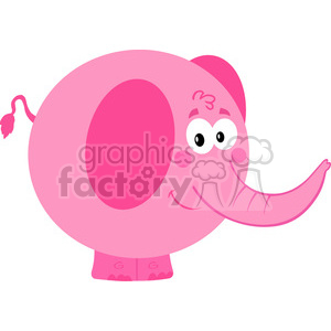   The clipart image features a comical, pink elephant characterized by cartoonish features. It has a large, round body, an upturned tail, oversized ears, a cheerful facial expression, and is standing with one leg slightly raised as if waving or greeting. The elephant