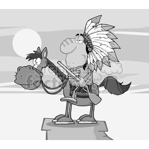 A comical cartoon of a Native American warrior with a large feathered headdress, humorously riding a horse under the moonlight.