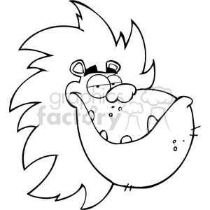 The clipart image portrays a comical, cartoon-style lion with a humorous expression. The lion has a large, closed-mouthed grin, and a wild mane. It's drawn in a simple black and white outline style, typical for coloring books or comic illustrations.