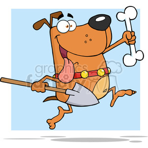   The clipart image depicts a comical, cartoon-style dog. The dog is brown with, and it seems to be happily trotting along. In its hand, it holds a large bone, and one of its front paws is holding the handle of a shovel. The dog has a big grin on its face with its tongue lolling out, and it