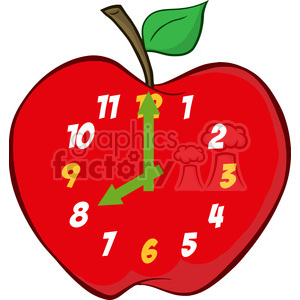   The clipart image depicts a whimsical representation of an apple that has been transformed into a clock. The apple is red, with a brown stem and a green leaf at the top. The face of the clock is on the apple