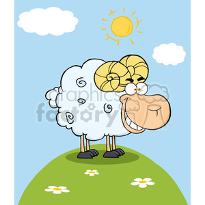   The image is a comic-style clipart of a ram. It features a smiling ram with a fluffy white body, large spiral horns, and a big, friendly face. The ram is standing on a green hill with a few flowers, highlighted by a simple blue sky with clouds and a yellow sun. 