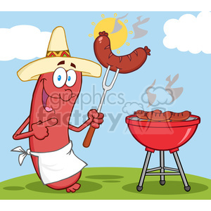 Happy Sausage With Mexican Hat Cook At Barbecue