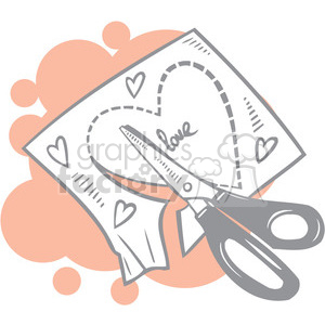 Clipart image of scissors cutting out a heart from paper with 'love' written inside, surrounded by smaller hearts, symbolizing Valentine's Day crafts.