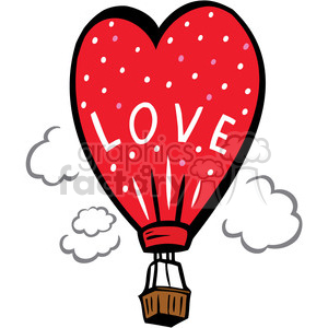 A red heart-shaped hot air balloon with the word 'LOVE' on it, surrounded by clouds, symbolizing romance and Valentine's Day.