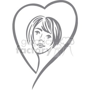 A grayscale clipart image of a woman's face inside a heart shape, symbolizing love and Valentine's Day.