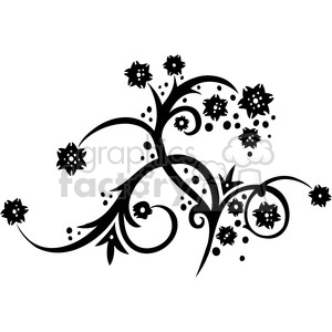 A black ornate floral swirl design with flowers and decorative dots on a white background.