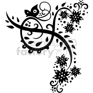 This clipart image features a black and white stylized floral design. It includes swirling vines, leaves, flowers, and a butterfly. The intricate pattern is elegant and decorative, often used in design elements such as invitations, tattoos, and decorative prints.