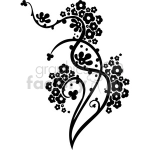 This clipart image features a black, stylized floral design. The design includes a variety of small to medium-sized flowers and intricate swirling vines, creating an ornate and decorative appearance.