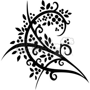 Black ornamental floral clipart image featuring intricate swirls, leaves, and berries in a decorative pattern.