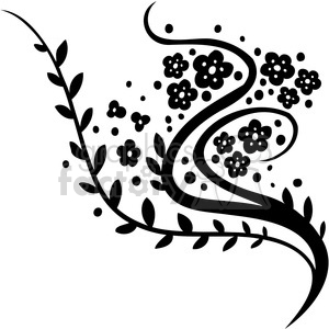A black and white clipart image featuring a swirling vine with leaves and flowers, creating a decorative and artistic design.
