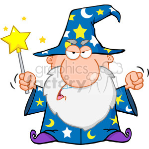 A cartoon wizard with a long white beard, dressed in a star and moon-patterned blue robe and hat, holding a yellow star-topped wand and looking grumpy.