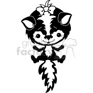 A cute cartoon skunk with big eyes, a bow on its head, and a fluffy tail in black and white clipart style.