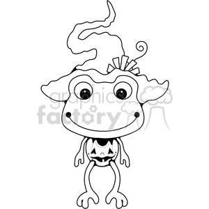 This clipart image features a cartoon frog wearing a Halloween-themed costume. The frog has a big smile, large eyes, and is wearing a pointed witch hat with a whimsical design. The frog also wears a pumpkin-themed outfit with a carved face design.