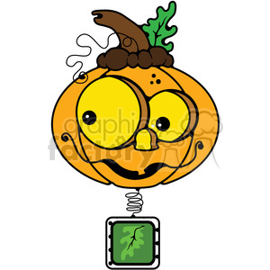 A whimsical cartoon pumpkin clipart with exaggerated facial features. The pumpkin has large, bulging eyes, and a crooked smile. A green leaf is attached to a spring or wire below it.