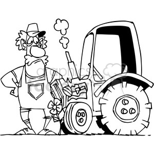 black and white cartoon farmer and his tractor