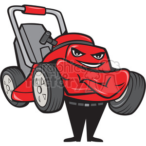 A clipart image of a red cartoon lawnmower character with a confident expression, anthropomorphized with muscular arms and standing on two legs.