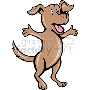 A happy, cartoon-style dog standing on two legs with its front legs spread open, seemingly in a welcoming gesture.