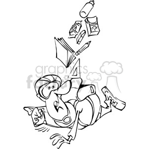 A black and white clipart image depicting a skydiver in free fall wearing goggles, with various items such as a book, pen, camera, and beverage bottle floating around them indicating he has put the wrong backpack on