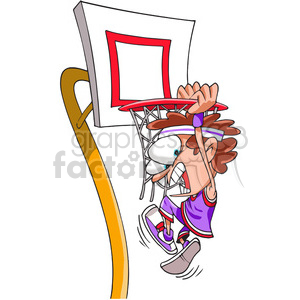 A cartoon character performing a slam dunk in basketball, hanging onto the hoop with a determined expression.