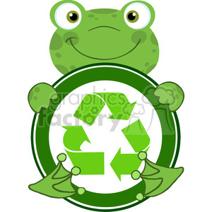 The clipart image features a cartoon frog with a funny expression on its face. The frog is holding onto and partially surrounding a circular recycle symbol, which is represented by three green arrows forming a triangle, indicating the process of recycling.