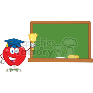 5791 Royalty Free Clip Art Smiling Apple Character Ringing A Bell For Back To School In Front Of Chalkboard