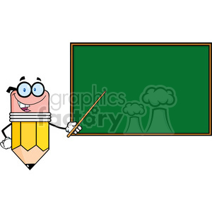 5882 Royalty Free Clip Art Smiling Pencil Teacher Character With A Pointer In Front Of Chalkboard