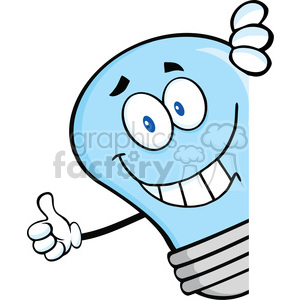 6080 Royalty Free Clip Art Smiling Blue Light Bulb Giving A Thumb Up Behind A Sign