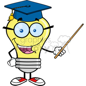 6082 Royalty Free Clip Art Smiling Light Bulb Teacher Character With A Pointer