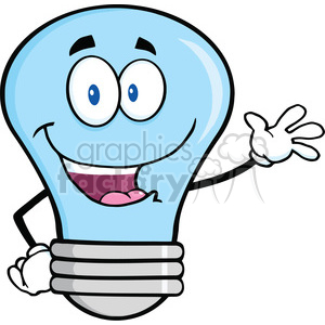 6102 Royalty Free Clip Art Blue Light Bulb Cartoon Mascot Character Waving For Greeting