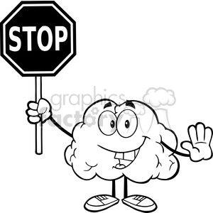 A cartoon brain character holding a stop sign with a cheerful expression.