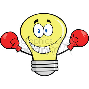 6130 Royalty Free Clip Art Smiling Light Bulb Cartoon Character Wearing Boxing Gloves