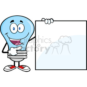 A cartoon character resembling a lightbulb with a cheerful expression, wearing sneakers and pointing to a blank sign next to it.