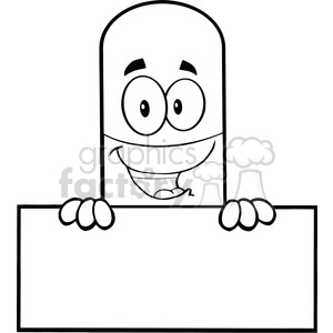 6305 Royalty Free Clip Art Black and White Pill Capsule Cartoon Mascot Character Over Blank Sign