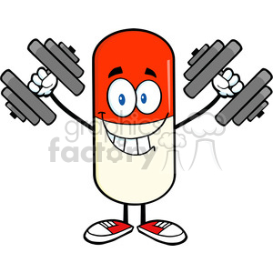 6304 Royalty Free Clip Art Smiling Pill Capsule Cartoon Mascot Character Training With Dumbbells