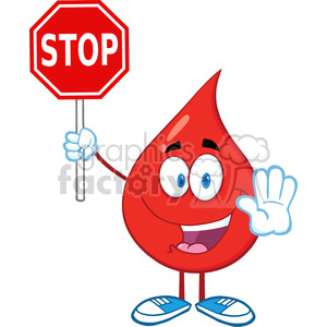 6179 Royalty Free Clip Art Happy Red Blood Drop Character Holding A Stop Sign