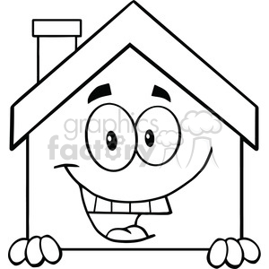 6465 Royalty Free Clip Art Black and White House Cartoon Mascot Character Over Blank Sign