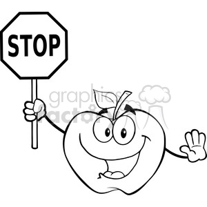 6533 Royalty Free Clip Art Black and White Apple Cartoon Mascot Character Holding A Stop Sign