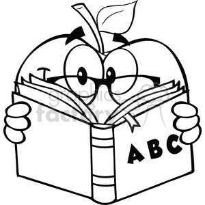 6522 Royalty Free Clip Art Black and White Apple Teacher Character Reading A Book