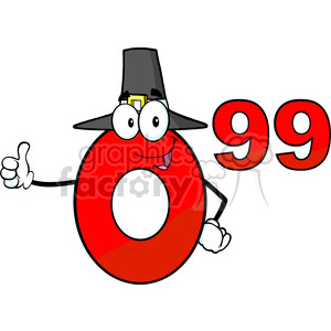 A humorous clipart image of the number zero with eyes and a pilgrim hat, posing as part of the price '99 cents'.