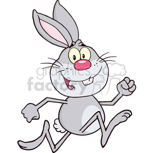 A cheerful cartoon rabbit running with excitement, with large ears and a pink nose.