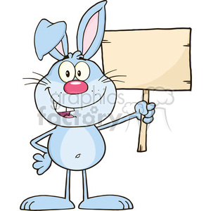 A cartoon blue rabbit holding a blank sign with one hand and smiling. The rabbit has a pink nose, white belly, and big ears.