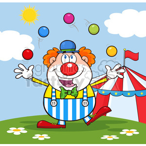 Colorful clipart image of a cheerful clown juggling balls outside a circus tent on a sunny day.