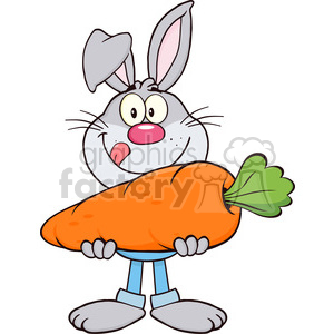 A cheerful cartoon bunny holding a large orange carrot with green leaves.
