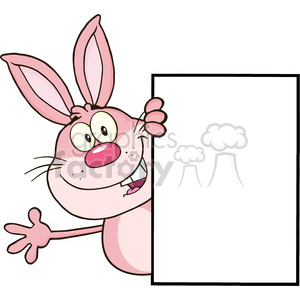   Royalty Free RF Clipart Illustration Cute Pink Rabbit Cartoon Character Looking Around A Blank Sign And Waving 