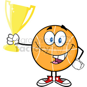 Royalty Free RF Clipart Illustration Happy Basketball Cartoon Character Holding Golden Trophy Cup