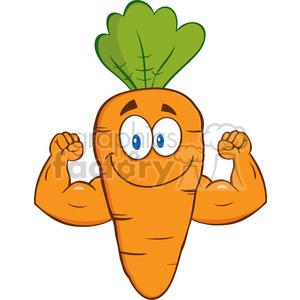 A clipart image of a cartoon carrot character with muscular arms showing a strong pose. The carrot has a happy and confident expression with green leafy tops.