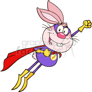   The image is a clipart illustration of a funny superhero bunny character. The bunny is depicted in a comedic, exaggerated style, with a large grin and wide eyes. The character is dressed in a purple superhero costume with a red cape, a golden belt, and yellow boots with golden accents. The bunny also wears a mask and has a carrot emblem on its chest. Its right arm is extended upwards, mimicking the classic superhero flying pose. 