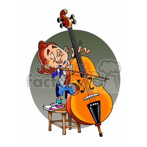 This image features a cartoon-styled clipart of a young red-haired child happily playing a viola. The child is seated on a small wooden stool while holding the bow and the viola with a smiling expression on their face. They are wearing a blue shirt with one rolled-up sleeve, shorts, and colorful sneakers.